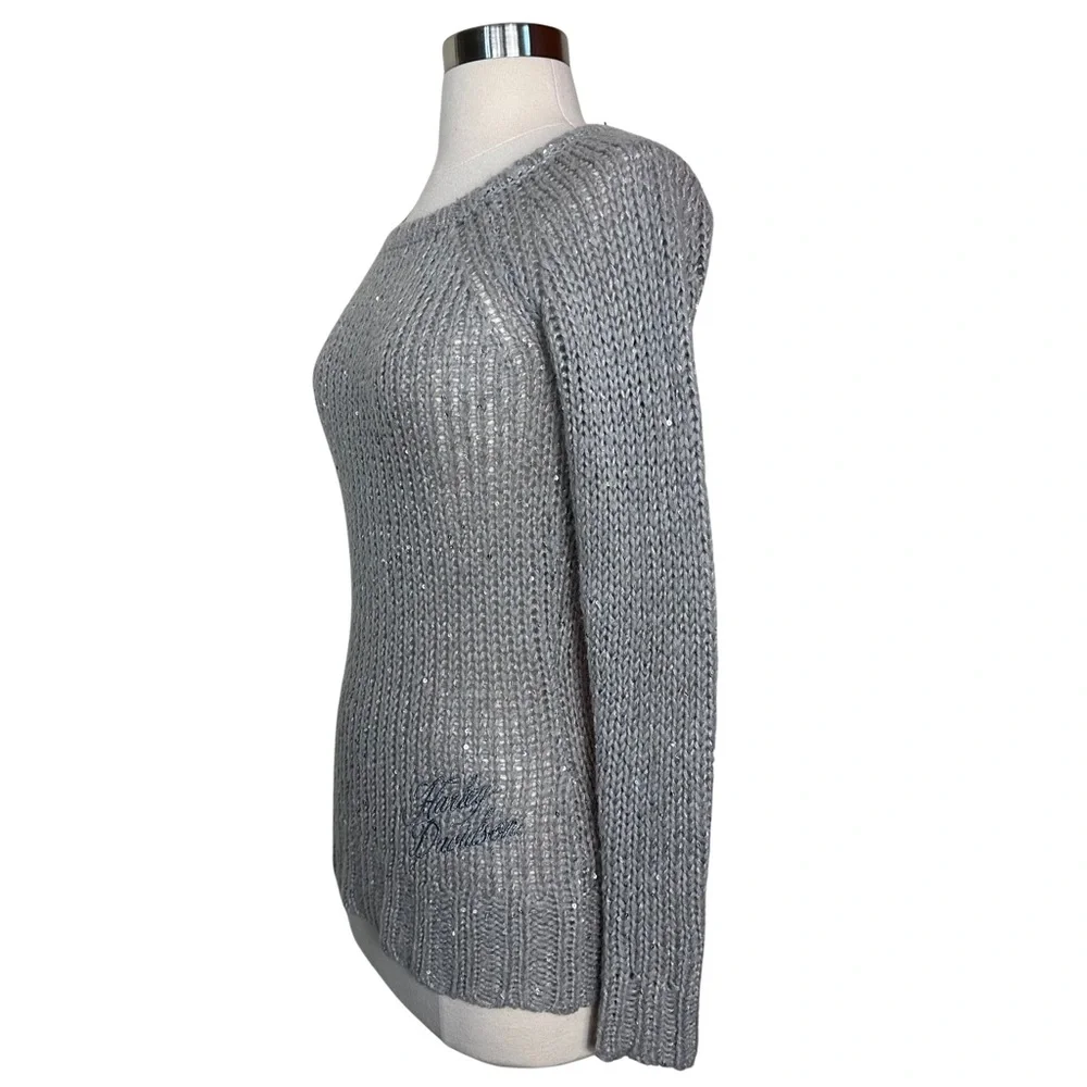 Harley Davidson Sequined Gray Open Knit Scoop Neck Embroidered Silver Sweater XS